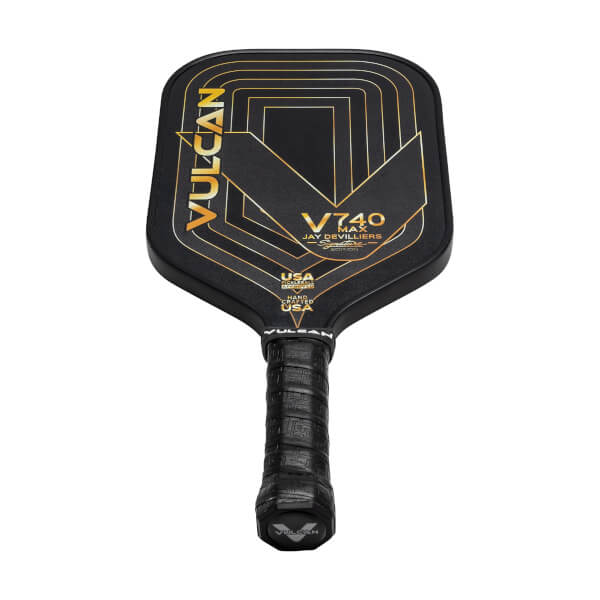Front view of a black Vulcan V740 Max pickleball paddle with gold geometric design and black grip.