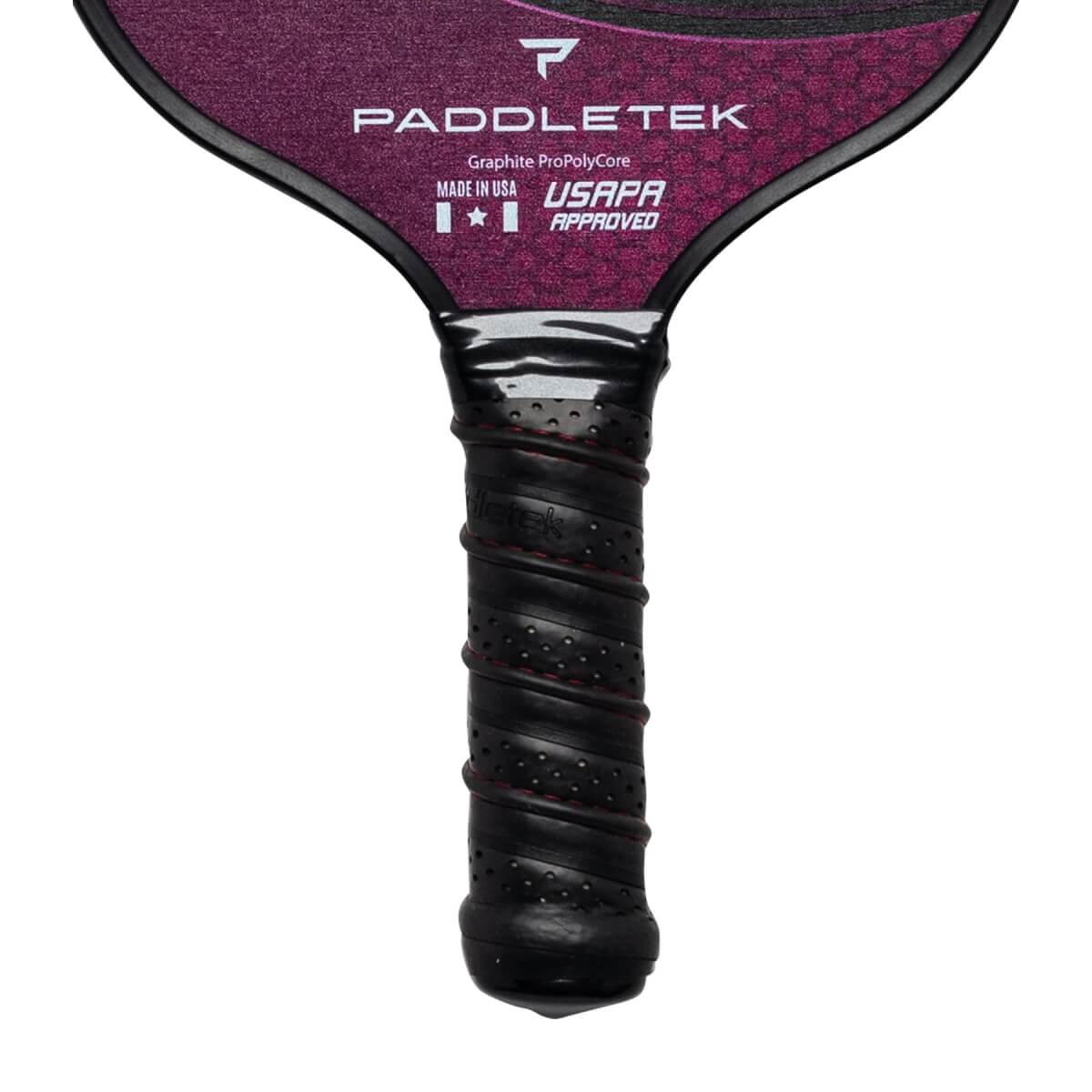 Top-down view of a purple pickleball paddle with Paddletek branding and a black grip.
