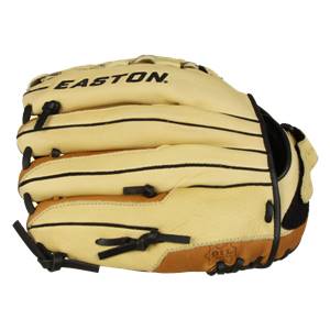 Top-down view of a tan Easton glove with black lacing and brown accents.