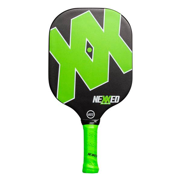 Front view of a black pickleball paddle with a large green N logo and green grip.