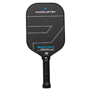 Front view of a black pickleball paddle with blue Paddletek branding, white geometric lines, and a black grip.