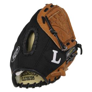 Side view of a black and tan youth baseball glove with a large white L logo and TRUSOFT LINING text.