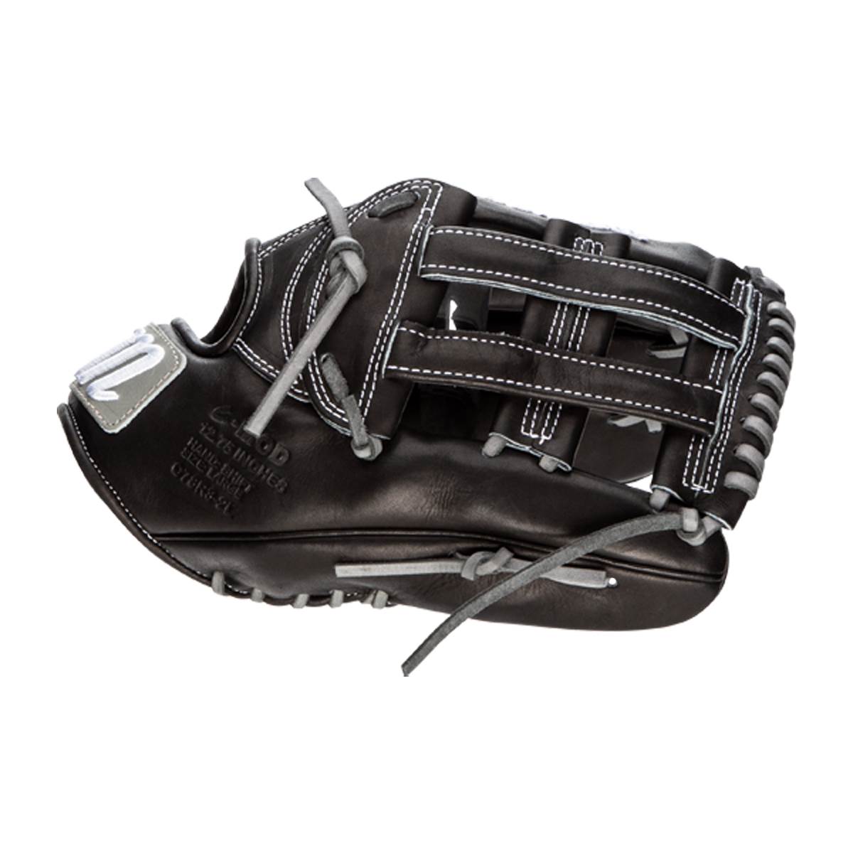 Side view of a black baseball glove with white stitching and C-MOD 12.75 INCH text.