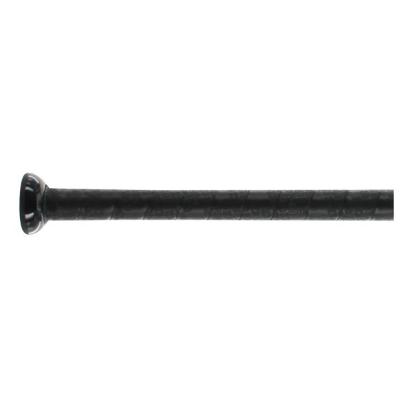 Side view of a black baseball bat with a textured grip and a rounded end cap.