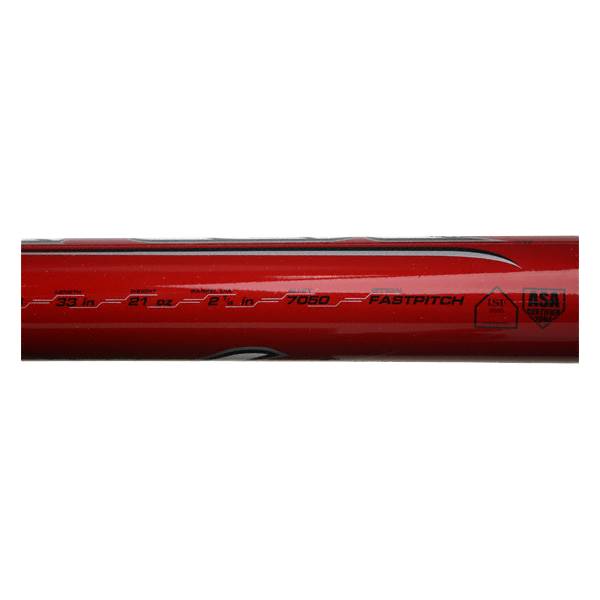 Close-up of a red fastpitch softball bat with FASTPITCH and ASA CERTIFIED text.