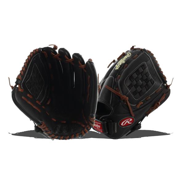 Front view of a black softball glove with brown lacing and a red Rawlings logo.