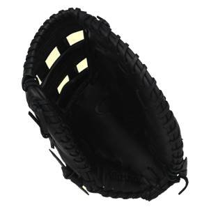 Top-down view of a black first base mitt with open finger stalls and a deep pocket.