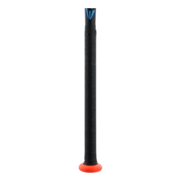 Side view of a black slow pitch softball bat with a blue Easton logo and an orange knob.