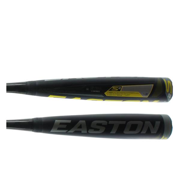 Side view of a black baseball bat with yellow accents and EASTON branding.
