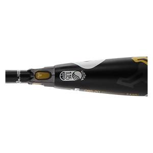 Close-up of a black baseball bat with USSSA 1.15 BPF and CF5-20 markings.