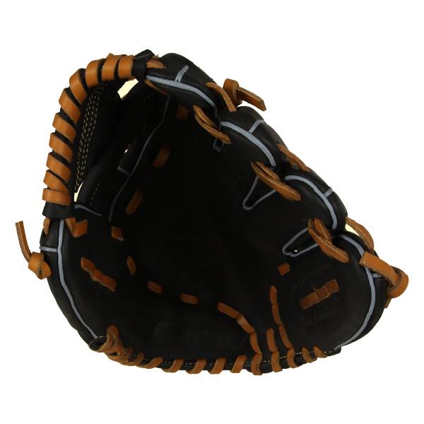 Top-down view of a black baseball glove with tan lacing and white trim.