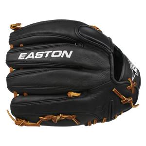 Front view of a black baseball glove with white EASTON text and tan lacing.