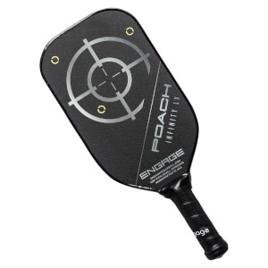 Top-down view of a black pickleball paddle with a target design and POACH INFINITY LX text.