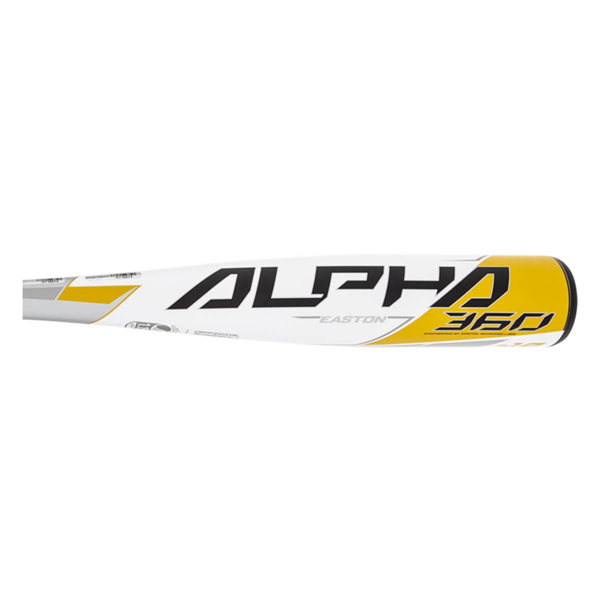 Side view of a white baseball bat with black ALPHA and yellow 360 text.