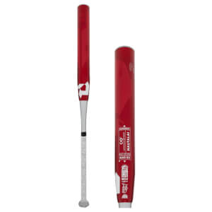 Side view of a red softball bat with white branding and a patterned grip.