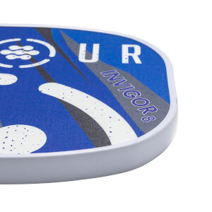 Corner view of a blue pickleball paddle with white and grey abstract designs and INVIGOR8 text.