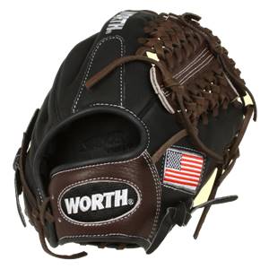 Corner view of a black baseball glove with brown lacing, an American flag patch, and a WORTH logo.