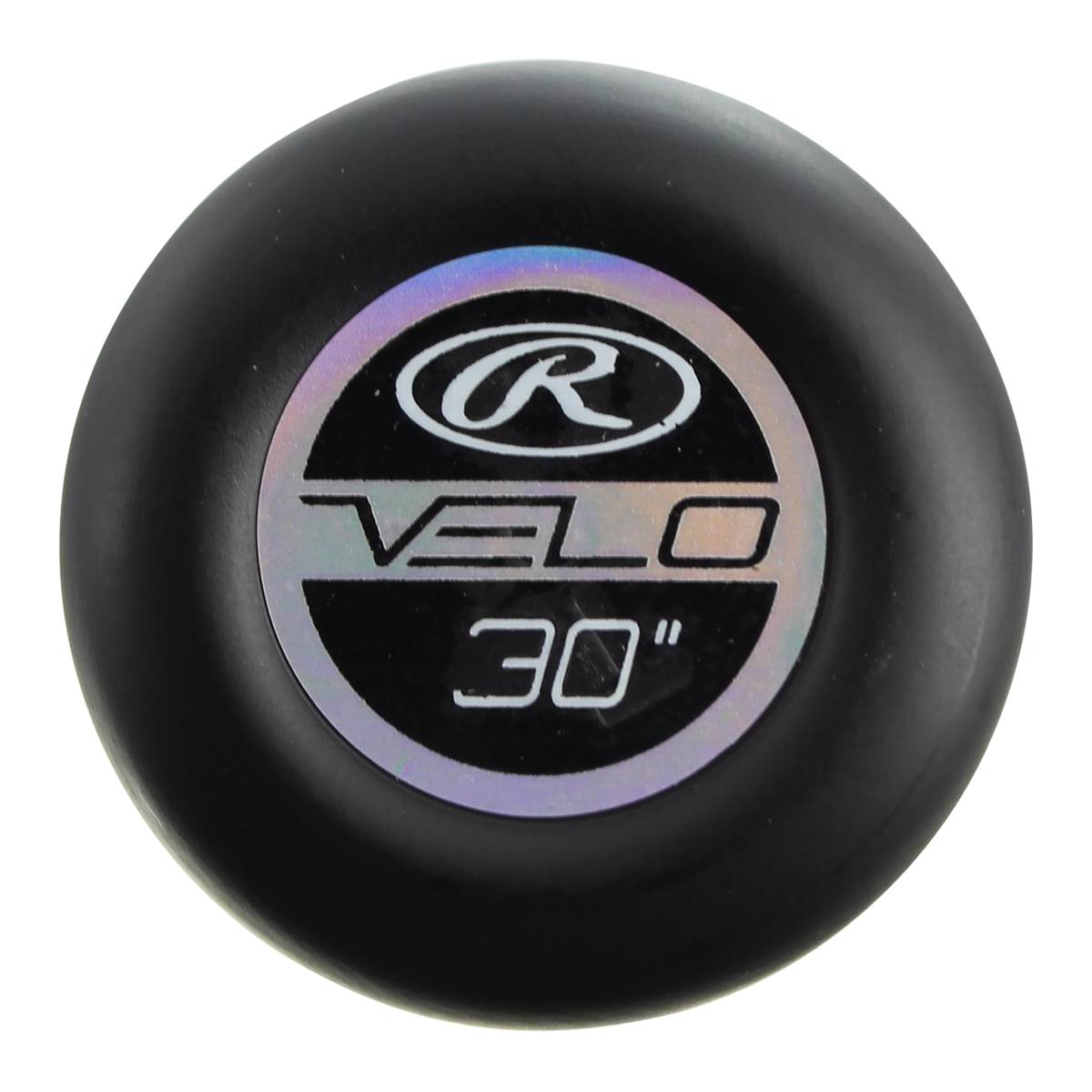 Top-down view of a black baseball bat with a circular logo showing R, VELO, and 30.