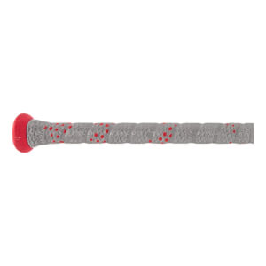 Side view of a red and gray baseball bat with a textured grip and red circular accents.