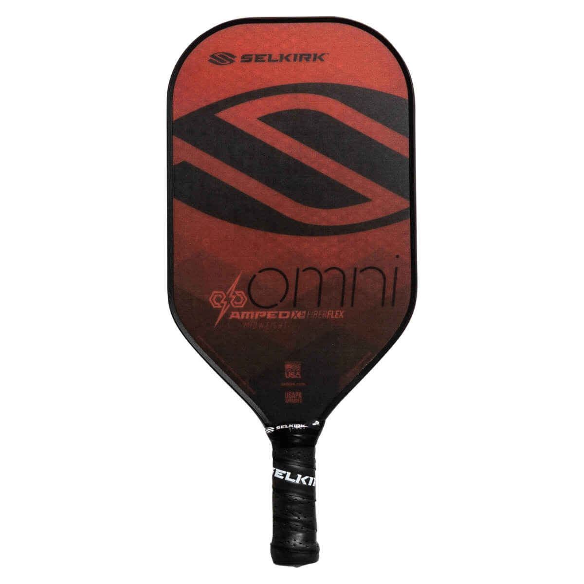 Front view of a red and black pickleball paddle with a large S graphic, omni text, and Selkirk branding.