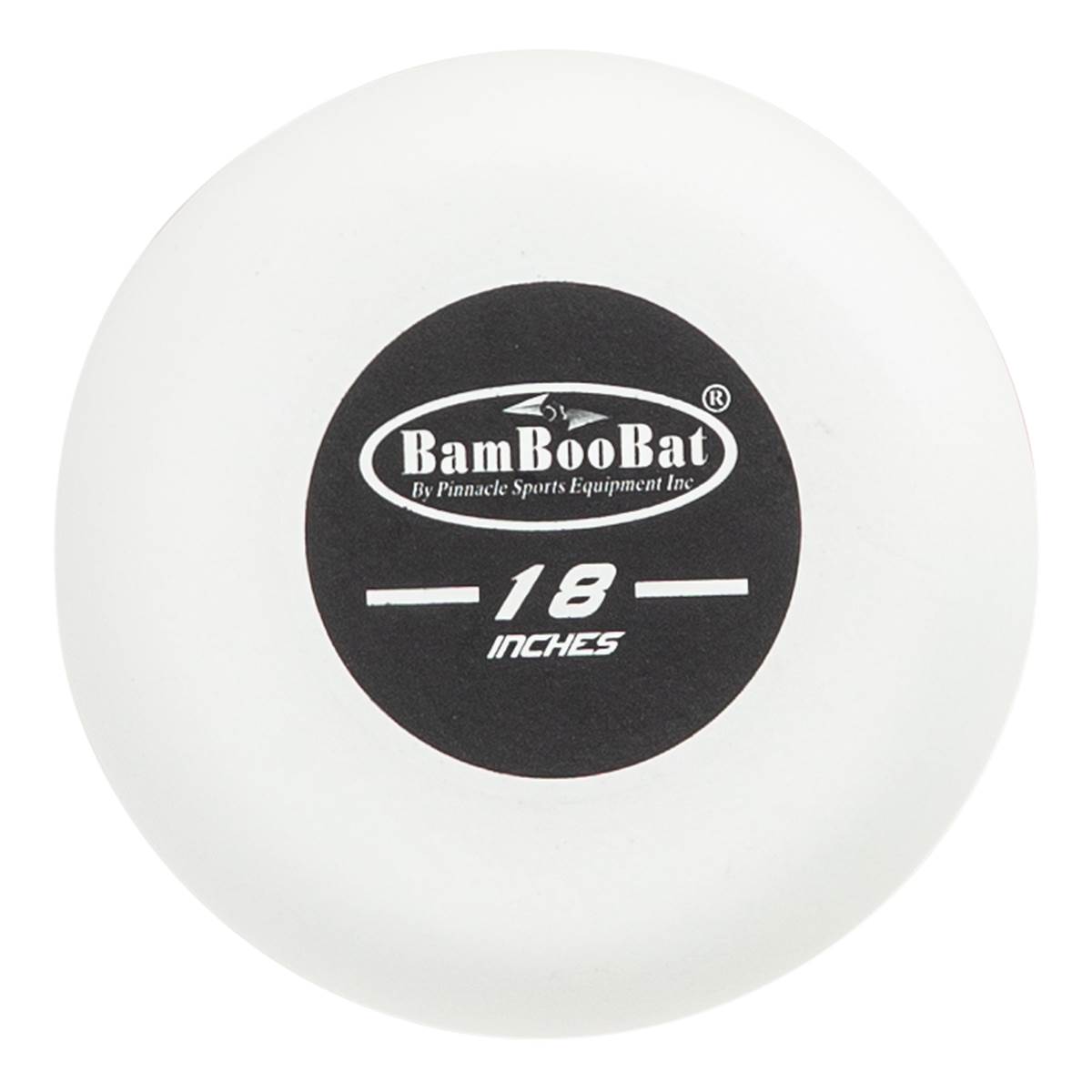 Close-up of a white training bat with a black circular logo that says BamBooBat and 18 INCHES.