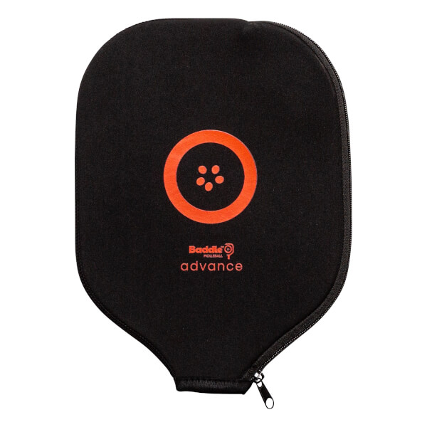 Front view of a black pickleball paddle cover with orange Baddle Pickleball Advance logo and circular design.