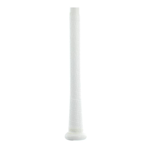 Side view of a white baseball bat with a textured grip and a rounded knob.