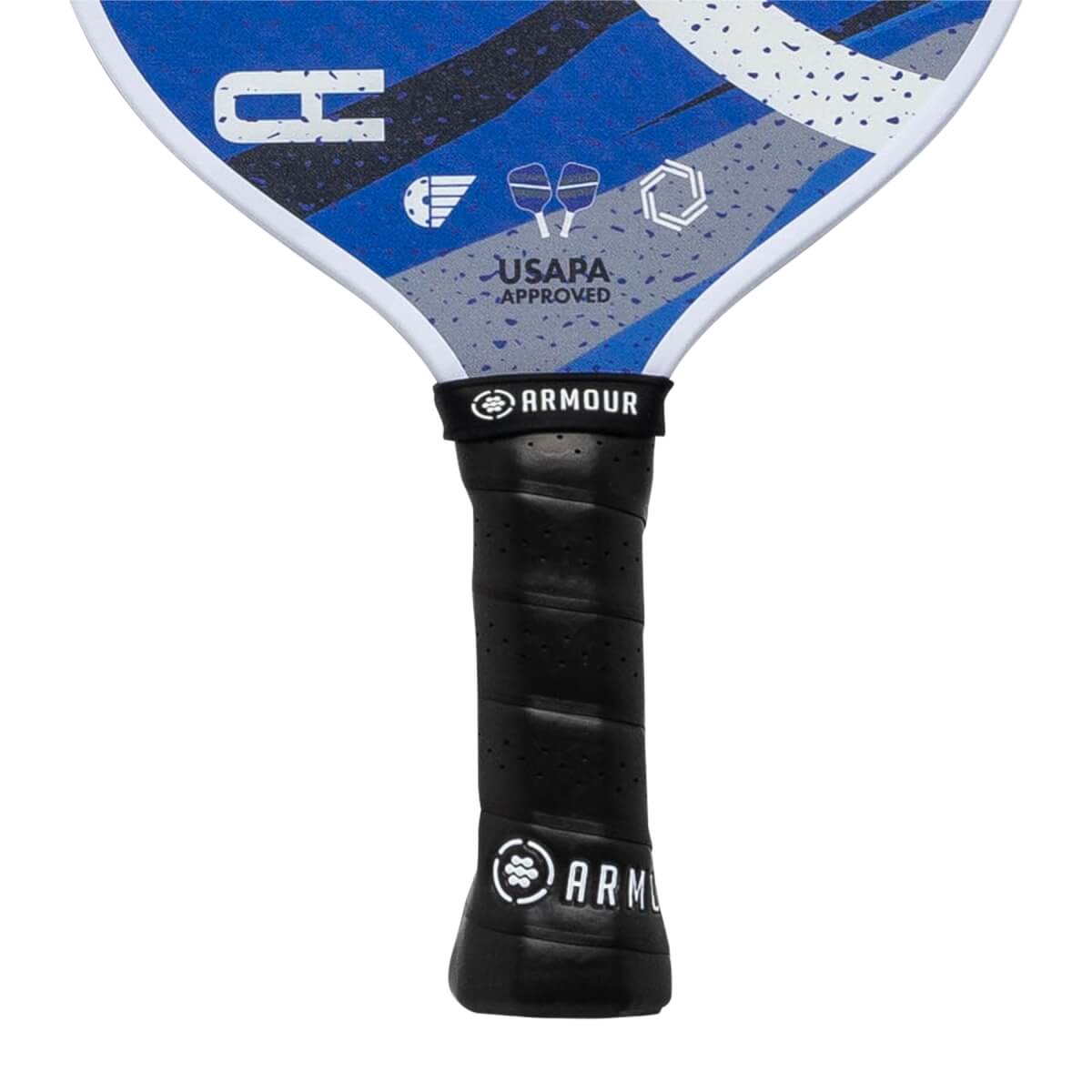 Close-up of a black pickleball paddle grip with Armour branding and USAPA approved logo.