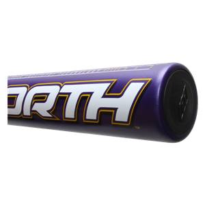 Side view of a purple softball bat with white and yellow WORTH lettering and a black end cap.