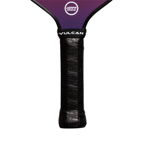 Close-up of a black pickleball paddle grip with Vulcan branding and USAPA Approved logo.