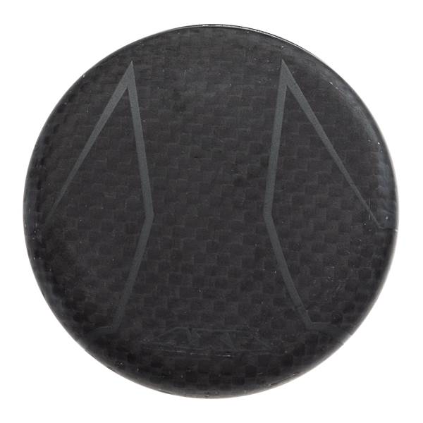 Top-down view of a black baseball bat end cap with a carbon fiber texture and a gray Axe logo.