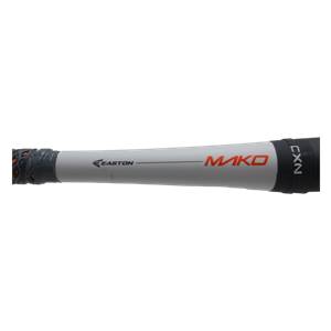 Side view of a white baseball bat with orange MAKO text and CXN branding.