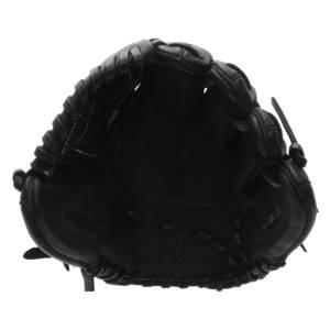 Front view of a black baseball glove with white stitching and a visible R logo.