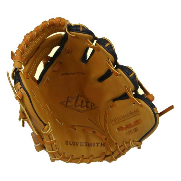 Corner view of a tan baseball glove with Elite and GLOVESMITH branding.