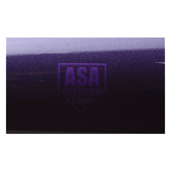 Close-up of a purple softball bat with an embossed ASA CERTIFIED 2004 logo.