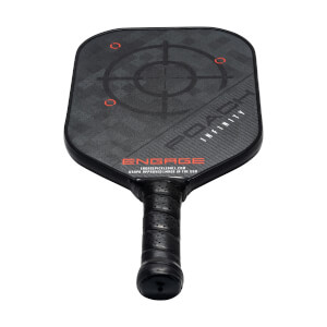 Top-down view of a black pickleball paddle with a target design, POACH INFINITY text, and ENGAGE logo.