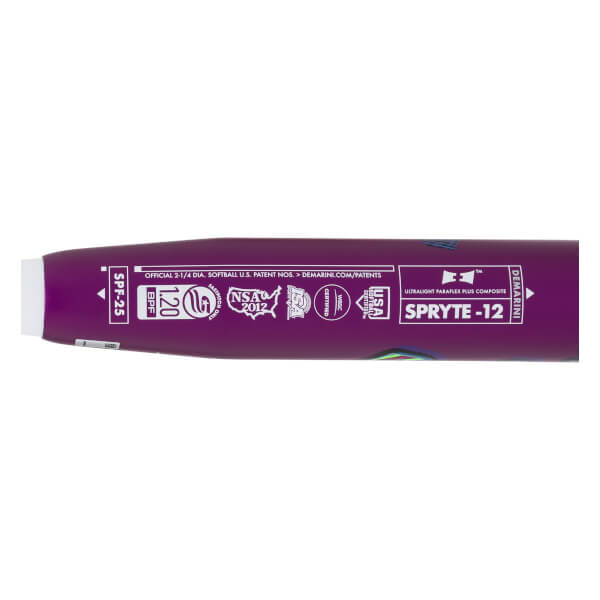 Close-up of the purple softball bat barrel featuring white certification stamps for USA Softball and NSA 2012, and the model name SPRYTE -12.