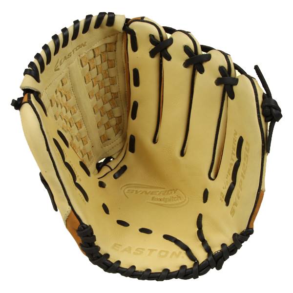 Top-down view of a tan Easton Synergy Fastpitch Series glove with black lacing and a woven palm.