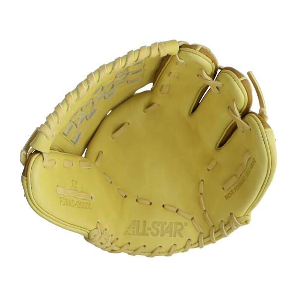 Top-down view of a yellow All-Star fastpitch softball glove with 12 and FGWAS-1200CK embossed on the heel.