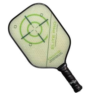 Top-down view of a light green pickleball paddle with a target graphic and ELITE PRO text.