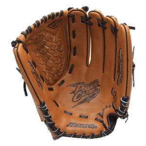 Front view of a tan baseball glove with black lacing, Power Close graphic, and Mizuno logo.