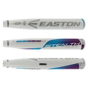 Three views of a white Easton Stealth Flex fastpitch softball bat with blue and purple accents and visible branding.