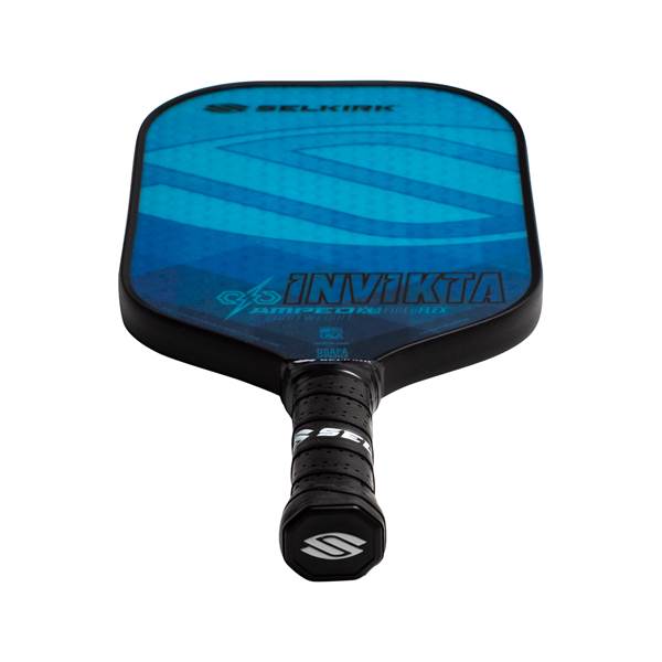 Top-down view of a blue Selkirk AMPED Invikta pickleball paddle with a black grip and white S logo.
