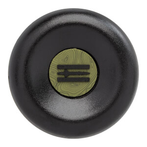Top-down view of a black baseball bat end cap with a green topographic pattern and a black triple-bar logo.