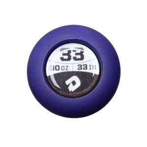 Top-down view of a blue baseball bat end cap with 33 and 30 OZ 33 IN text.