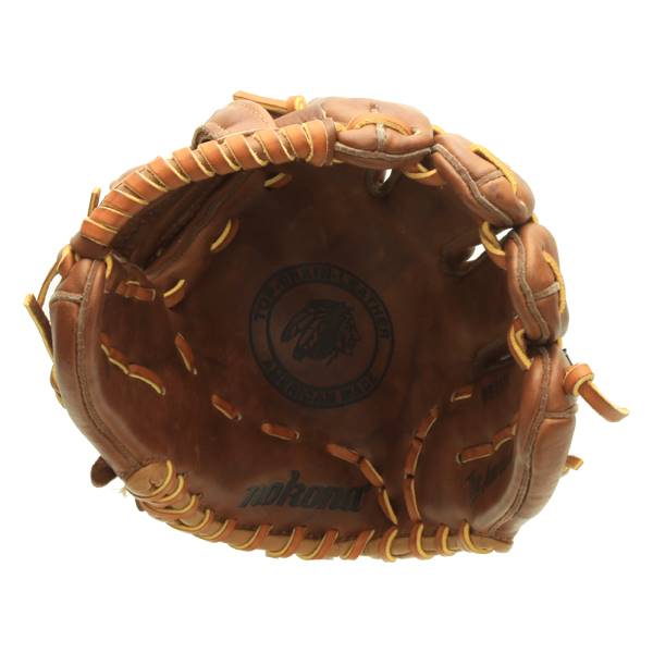 Top-down view of a brown baseball glove with nokona branding and a circular Top-Grain Leather American Made logo.