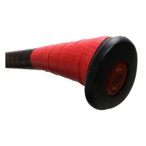 End view of a black baseball bat with a red grip, showing 33 in. and 30 oz. markings.