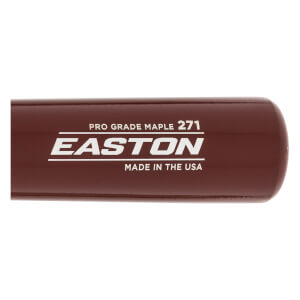 Side view of a brown Easton baseball bat with PRO GRADE MAPLE 271 and MADE IN THE USA text.