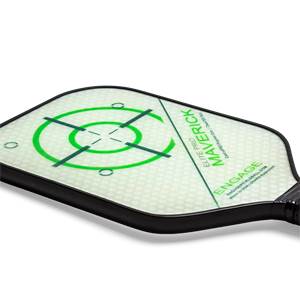 Corner view of a white pickleball paddle with a green target design and MAVERICK ELITE PRO text.