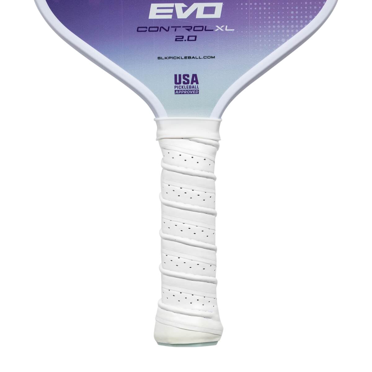 Close-up of a white pickleball paddle grip with perforations and a white end cap.